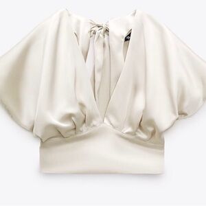 Elegant Cream V-Neck Satin Blouse with Tie Back